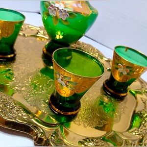 Gorgeous Emerald Green/Gold Vintage Bohemian Czech Glass Decanter 3 Cordials